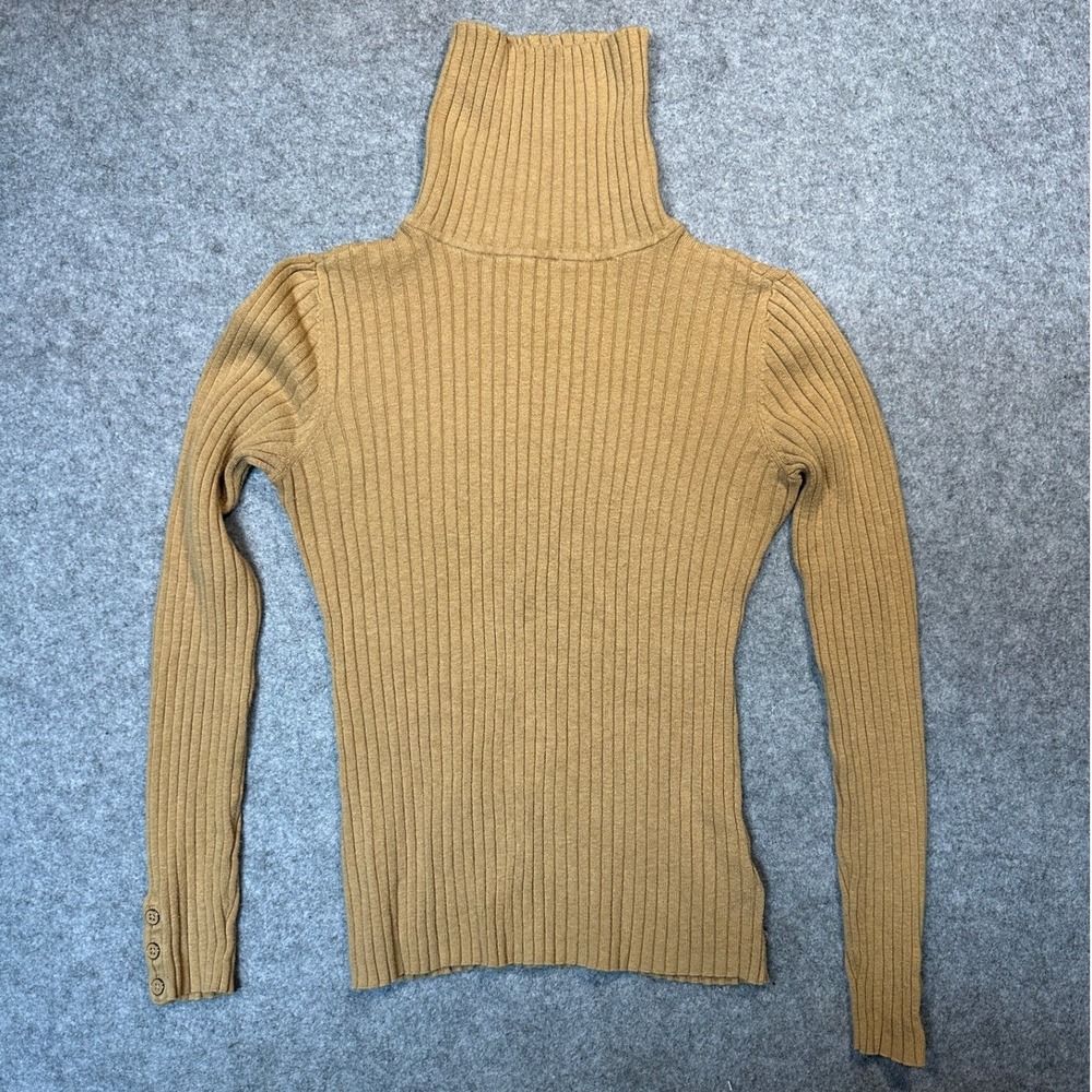 Charter Club Ribbed Turtleneck Sweater Medium Tan Camel Button Cuff Cotton Blend